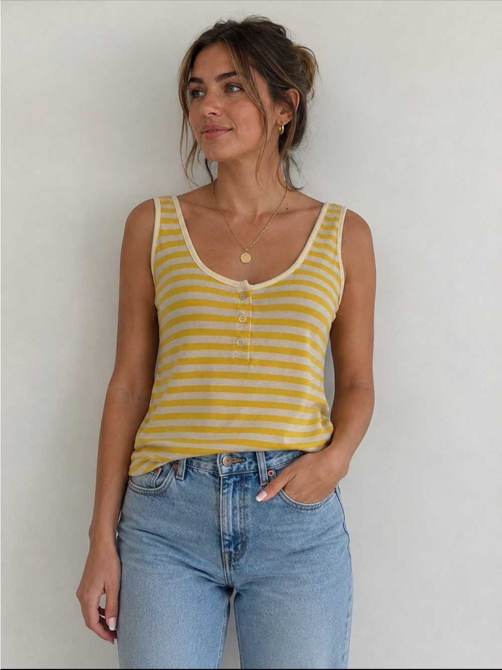 Yellow & White Striped Henley Tank Top | Casual Summer Ribbed Knit Sleeveless